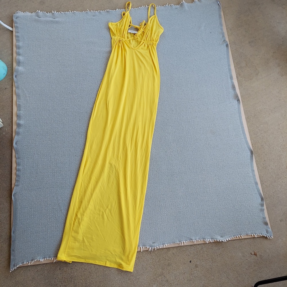 Codigo Maxi Dress Women S Yellow Ruched‎ Bust Tie Back Slit C8639 Jersey Summer